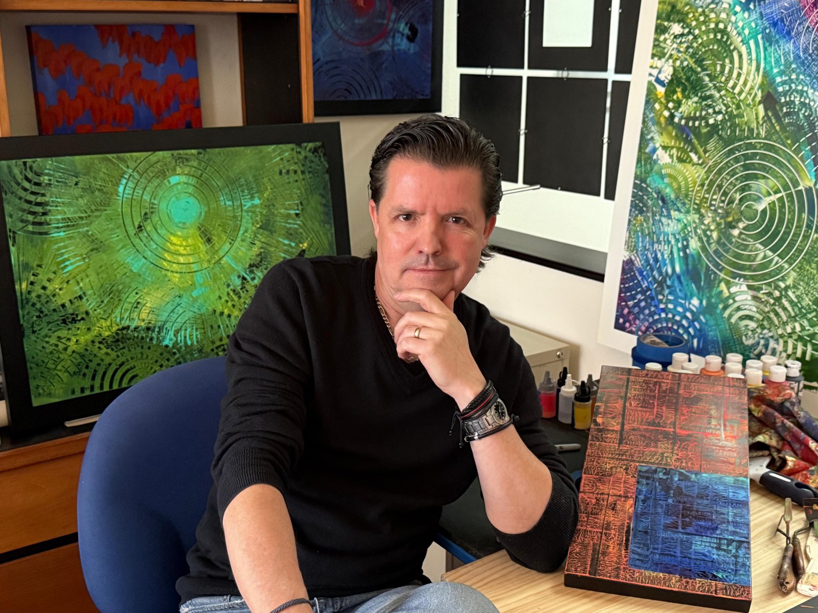 POECH ART in the studio with paintings from the Circles Collection