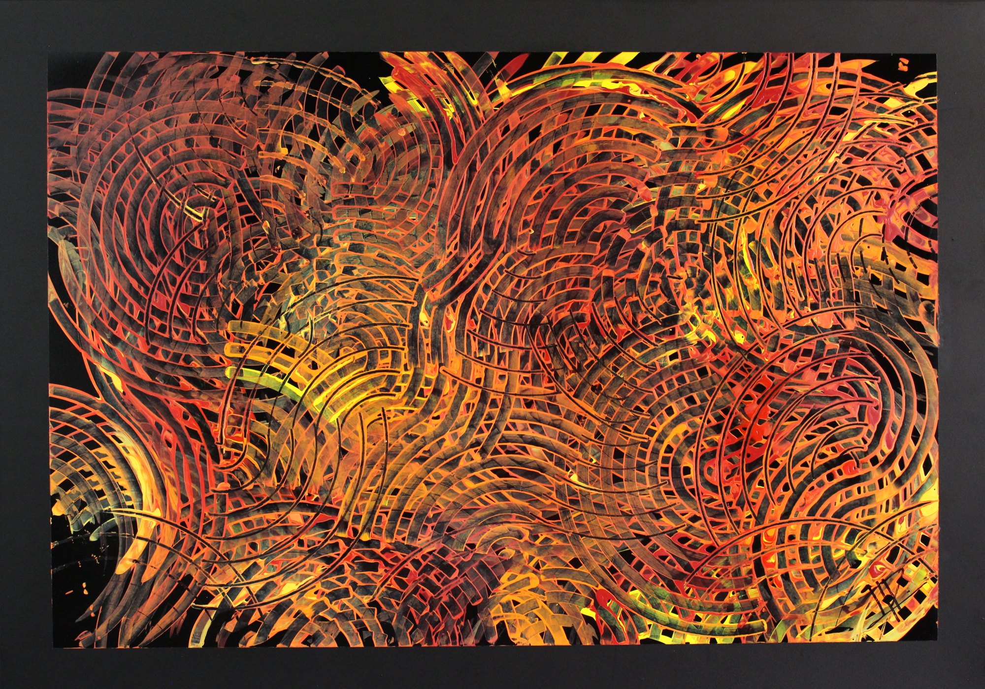 Fiery Patterns, CN-05H, acrylic on black aluminum, 85 × 60 cm